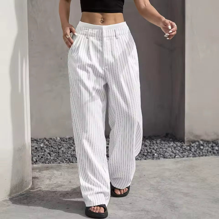 Broek dames | Wijde linnen look broek met strepen