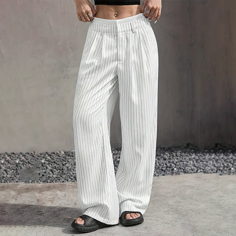 Broek dames | Wijde linnen look broek met strepen