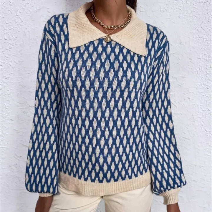 Dames trui | Blauwe sweater met patroon en kraag
