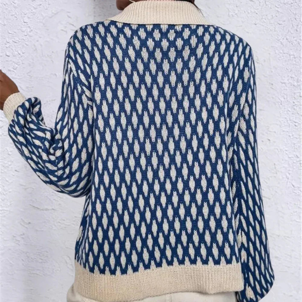 Dames trui | Blauwe sweater met patroon en kraag
