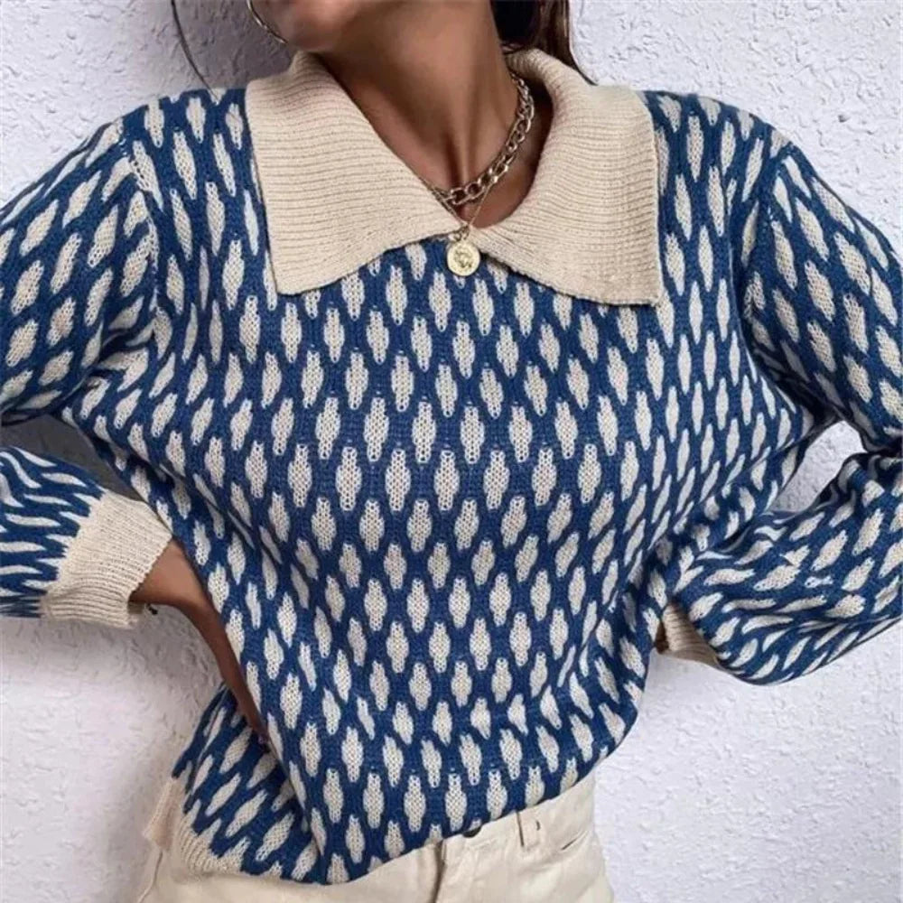 Dames trui | Blauwe sweater met patroon en kraag