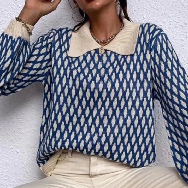 Dames trui | Blauwe sweater met patroon en kraag