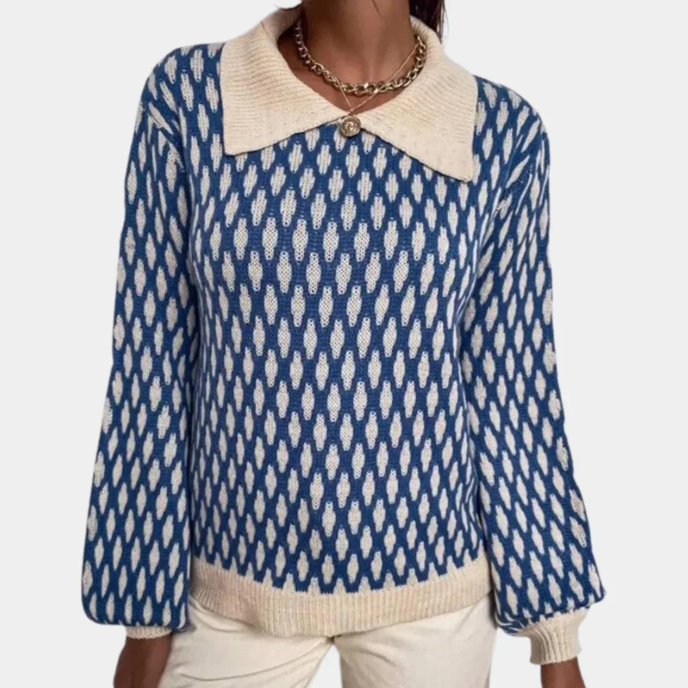 Dames trui | Blauwe sweater met patroon en kraag