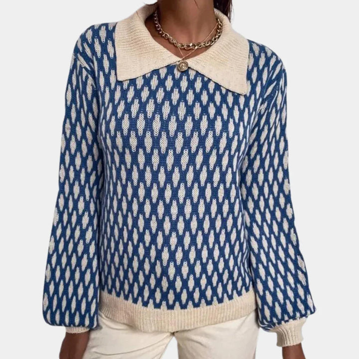 Dames trui | Blauwe sweater met patroon en kraag