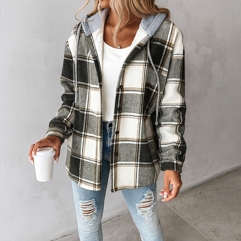 Oversized geruite jas voor dames met capuchon en knoopsluiting