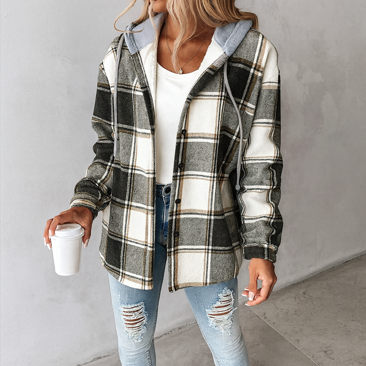 Oversized geruite jas voor dames met capuchon en knoopsluiting