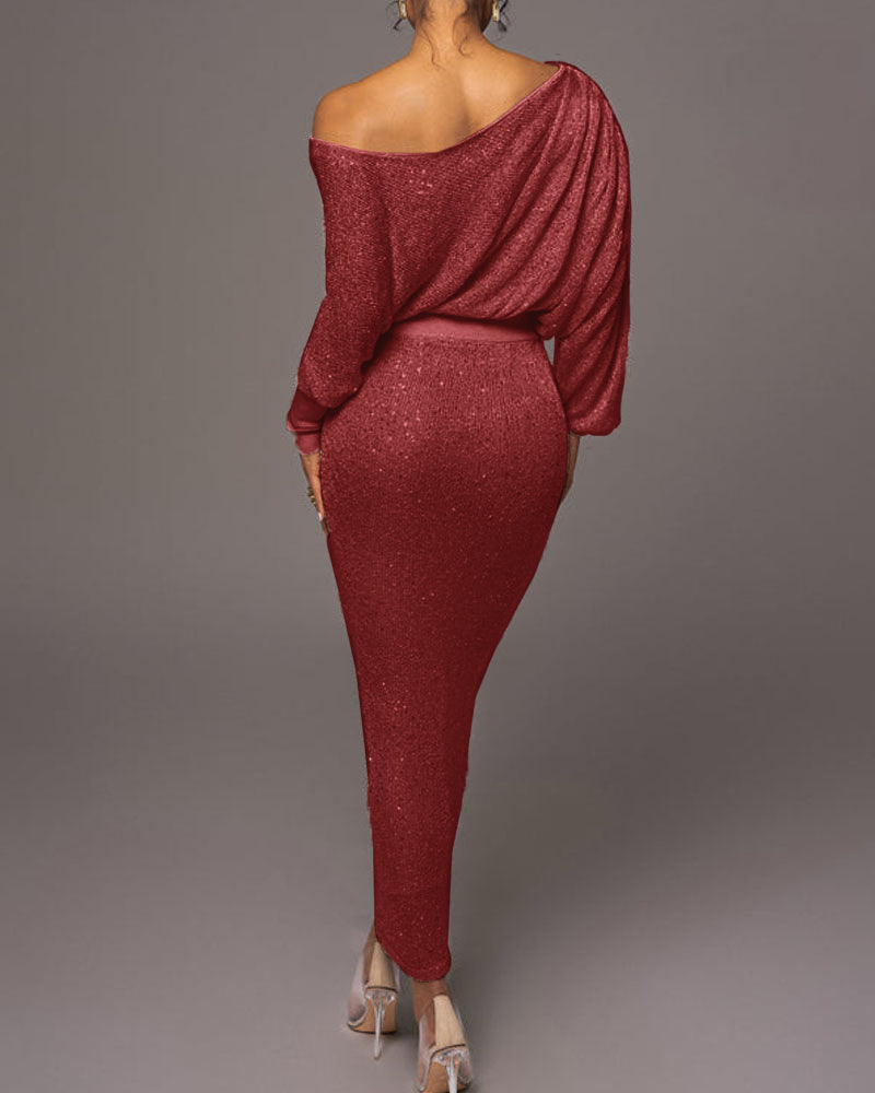 Dames avondjurk | Lange glitterlook jurk met off shoulder hals