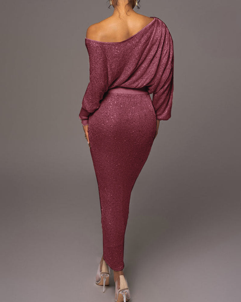 Dames avondjurk | Lange glitterlook jurk met off shoulder hals