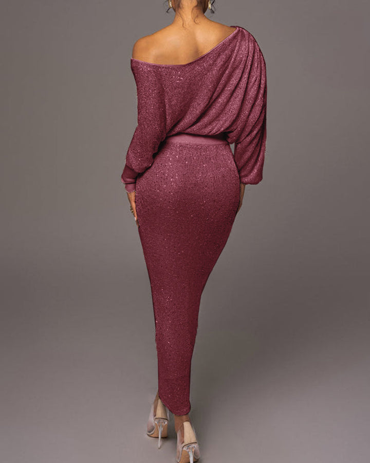 Dames avondjurk | Lange glitterlook jurk met off shoulder hals
