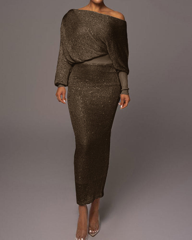 Dames avondjurk | Lange glitterlook jurk met off shoulder hals