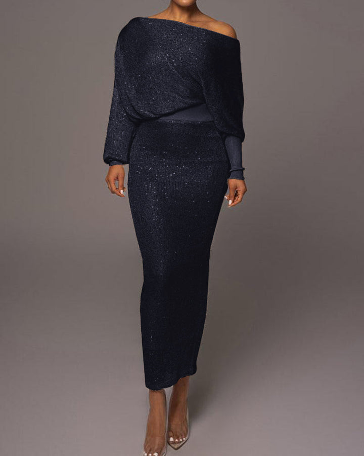 Dames avondjurk | Lange glitterlook jurk met off shoulder hals