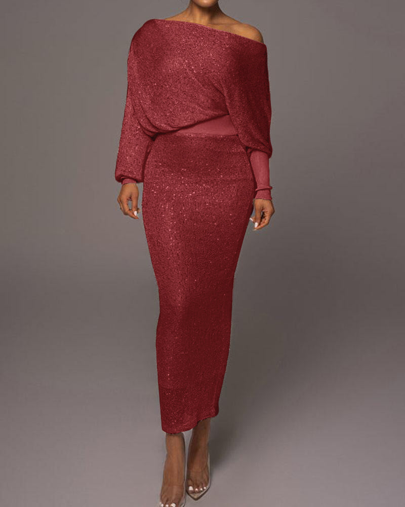 Dames avondjurk | Lange glitterlook jurk met off shoulder hals
