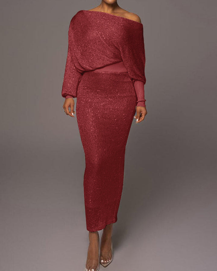 Dames avondjurk | Lange glitterlook jurk met off shoulder hals