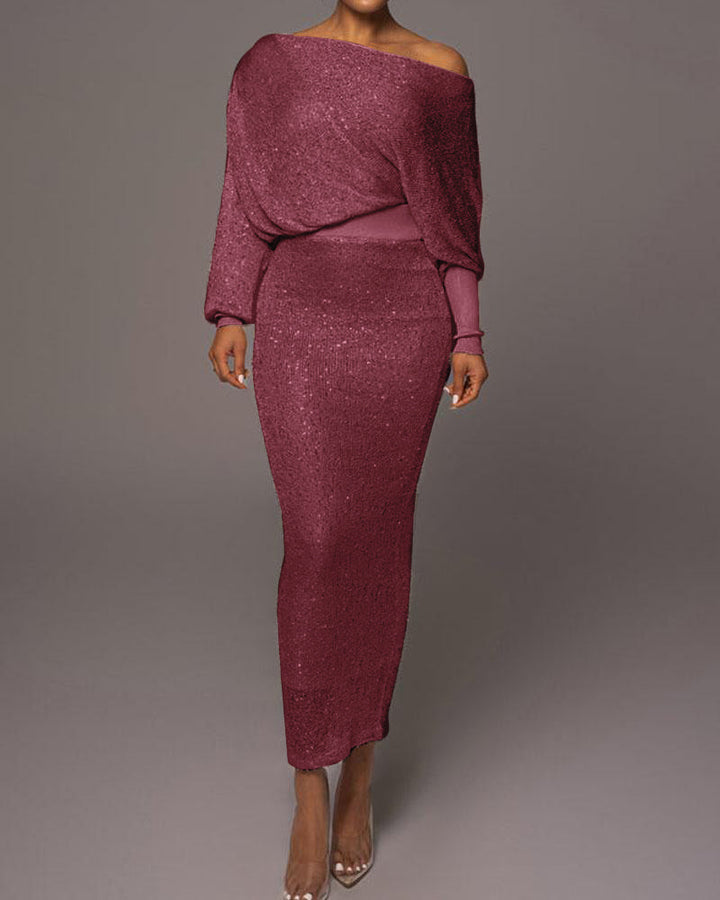 Dames avondjurk | Lange glitterlook jurk met off shoulder hals