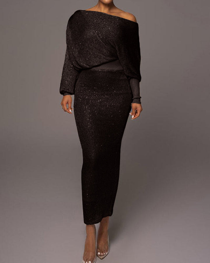 Dames avondjurk | Lange glitterlook jurk met off shoulder hals