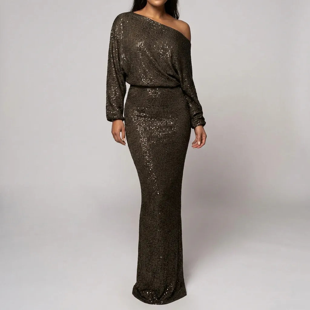 Dames avondjurk | Lange glitterlook jurk met off shoulder hals