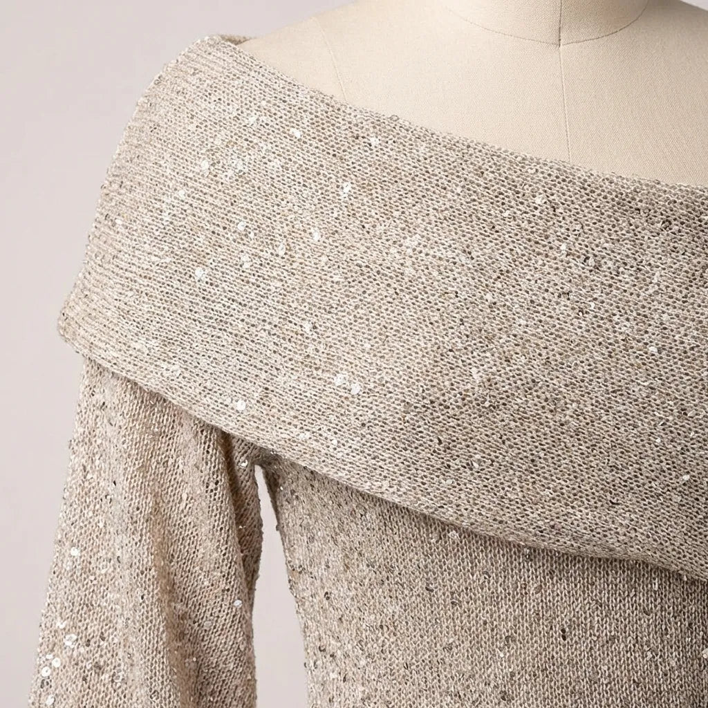 Dames avondjurk | Lange glitterlook jurk met off shoulder hals