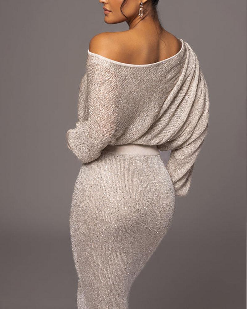 Dames avondjurk | Lange glitterlook jurk met off shoulder hals