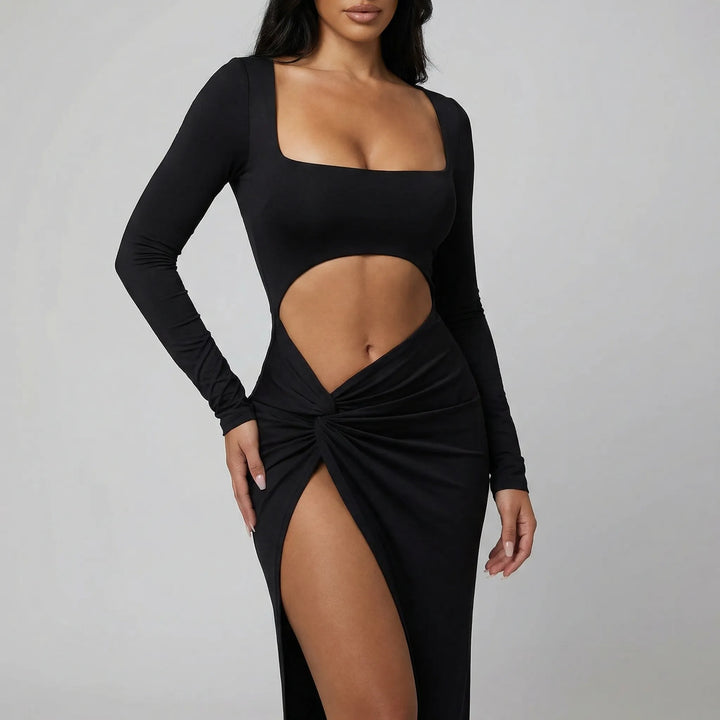 Dames avondjurk | Lange jurk met cut-out, split en lange mouw