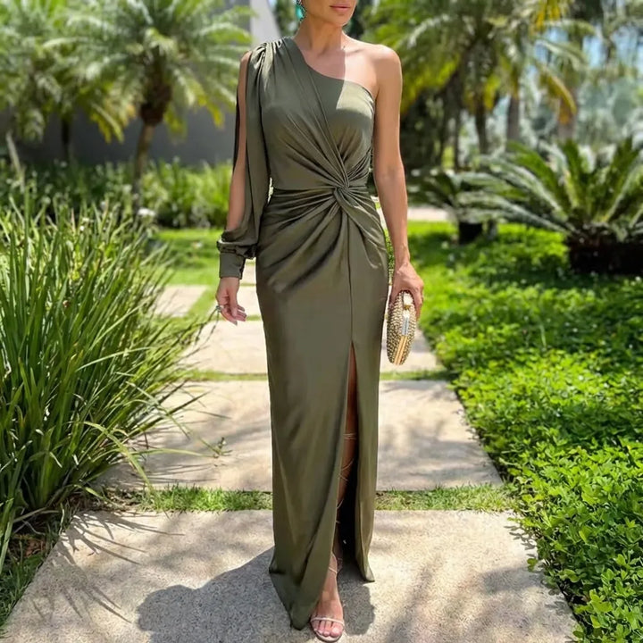 Dames avondjurk | One shoulder jurk met knoopdetail en split