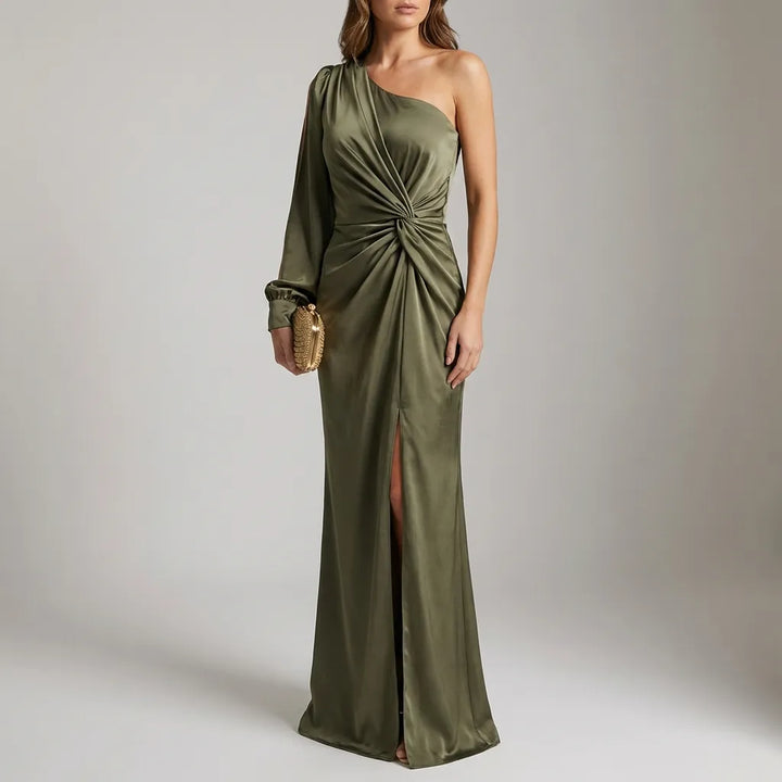 Dames avondjurk | One shoulder jurk met knoopdetail en split