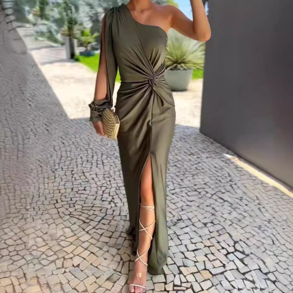 Dames avondjurk | One shoulder jurk met knoopdetail en split