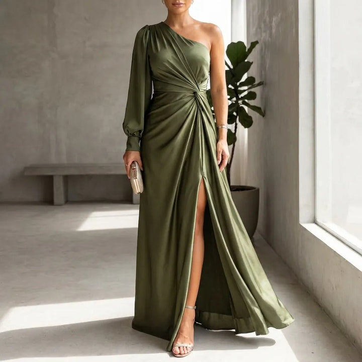 Dames avondjurk | One shoulder jurk met split en taille detail
