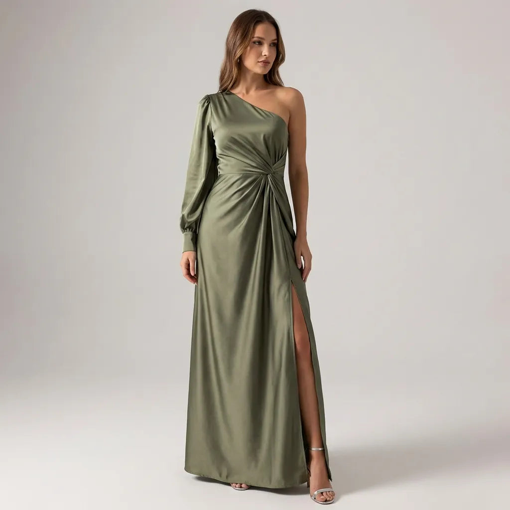 Dames avondjurk | One shoulder jurk met split en taille detail