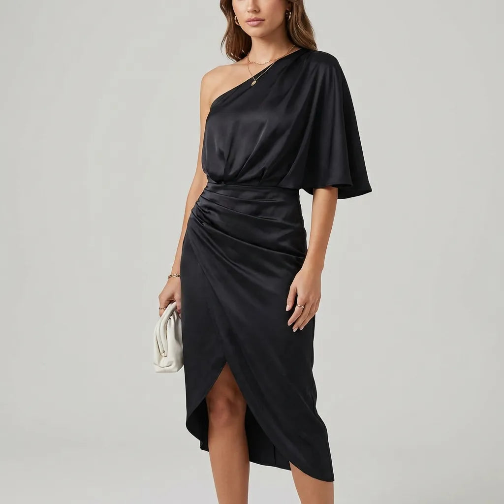 Dames avondjurk | One shoulder jurk met zijde-look en split