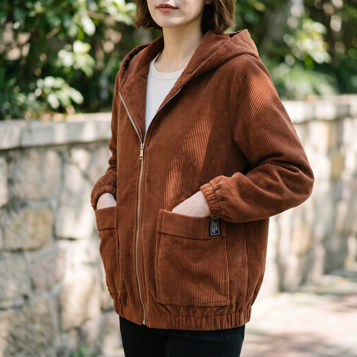 Dames jack | Corduroy tussenjas met capuchon en ritssluiting