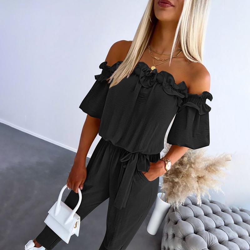 Dames jumpsuit met korte mouwen | off-shoulder hals en strikceintuur