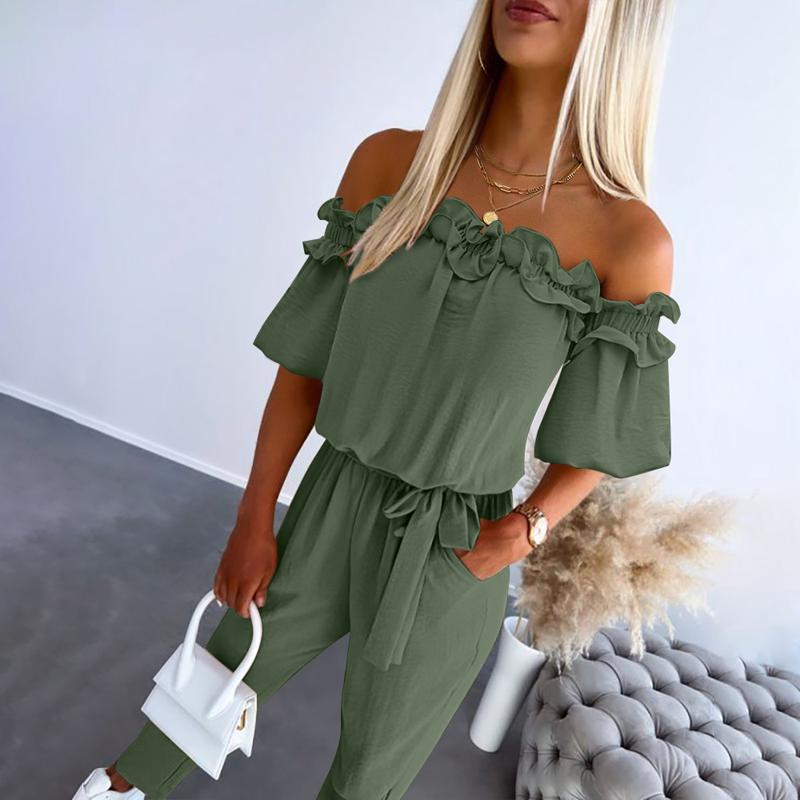 Dames jumpsuit met korte mouwen | off-shoulder hals en strikceintuur