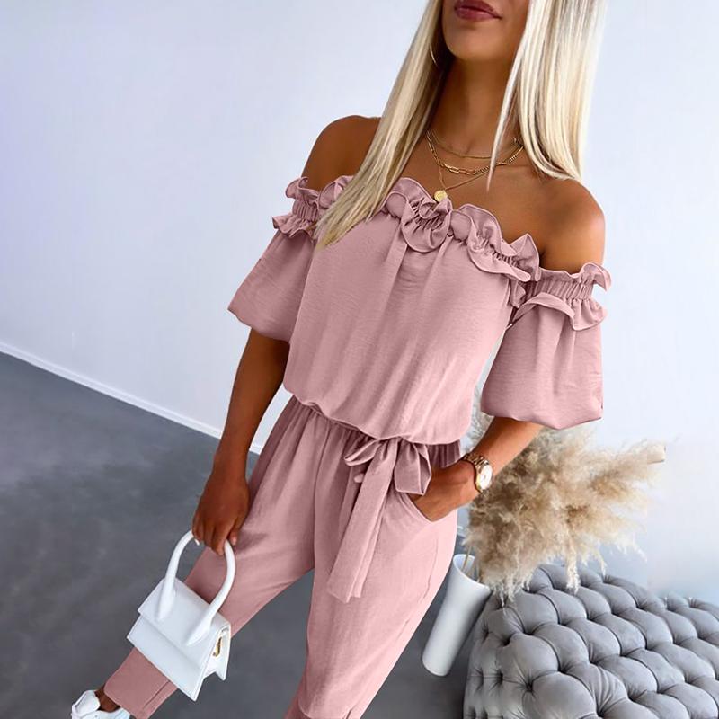 Dames jumpsuit met korte mouwen | off-shoulder hals en strikceintuur