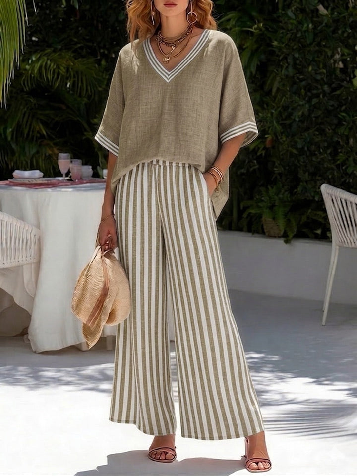Dames set | Losvallende set met gestreepte broek en V-hals