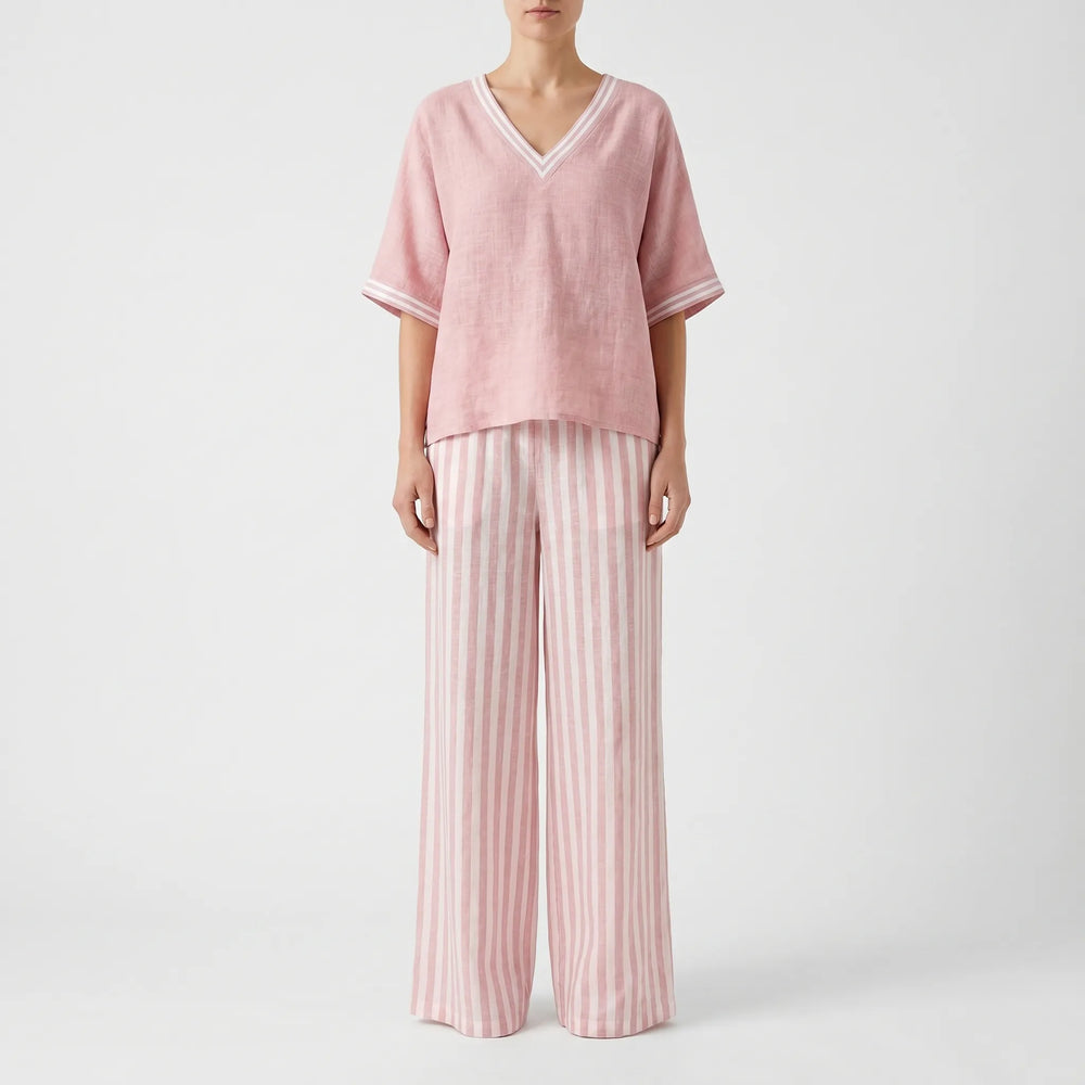 Dames set | Losvallende set met gestreepte broek en V-hals