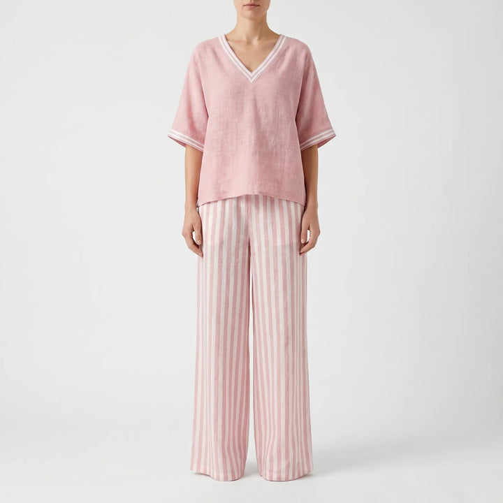 Dames set | Losvallende set met gestreepte broek en V-hals