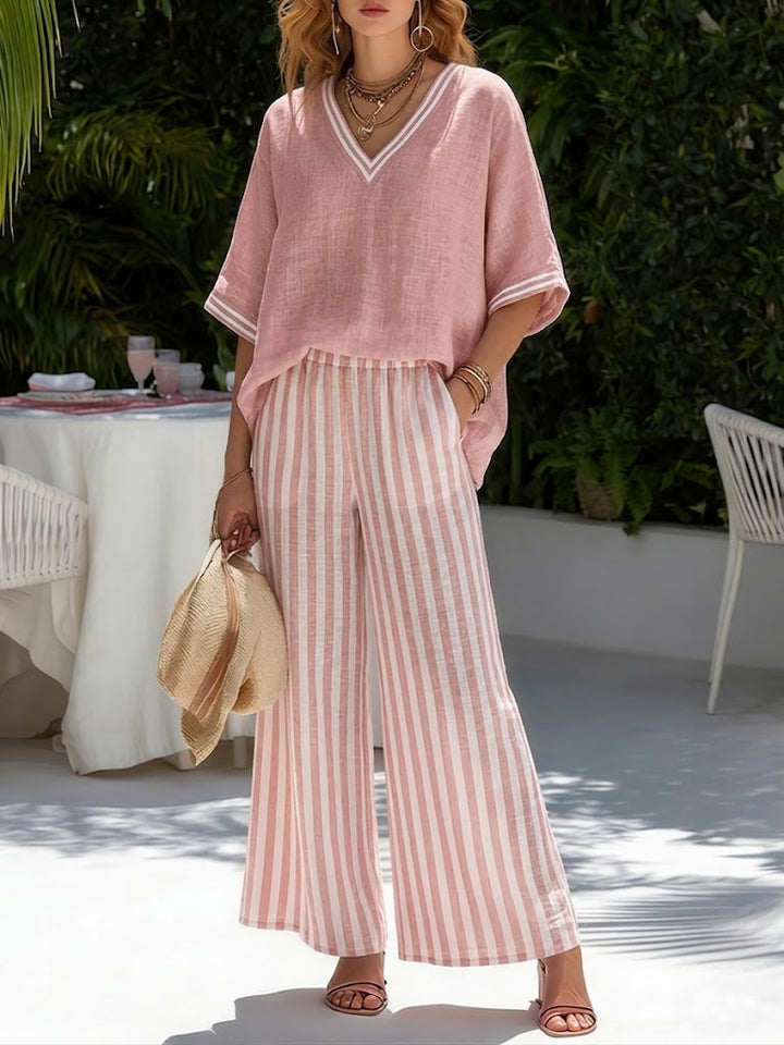 Dames set | Losvallende set met gestreepte broek en V-hals