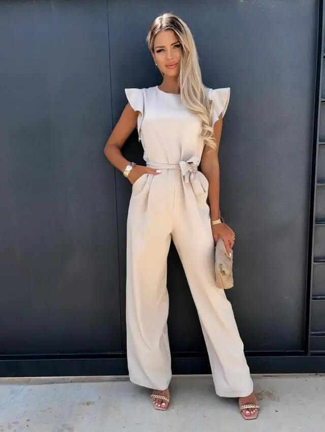 Elegante jumpsuit dames met strikceintuur | Wijde pijpen