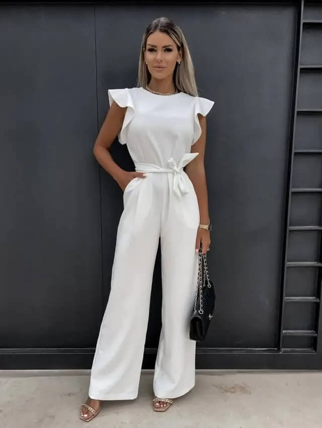 Elegante jumpsuit dames met strikceintuur | Wijde pijpen