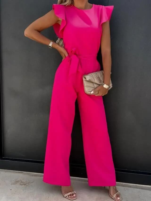 Elegante jumpsuit dames met strikceintuur | Wijde pijpen