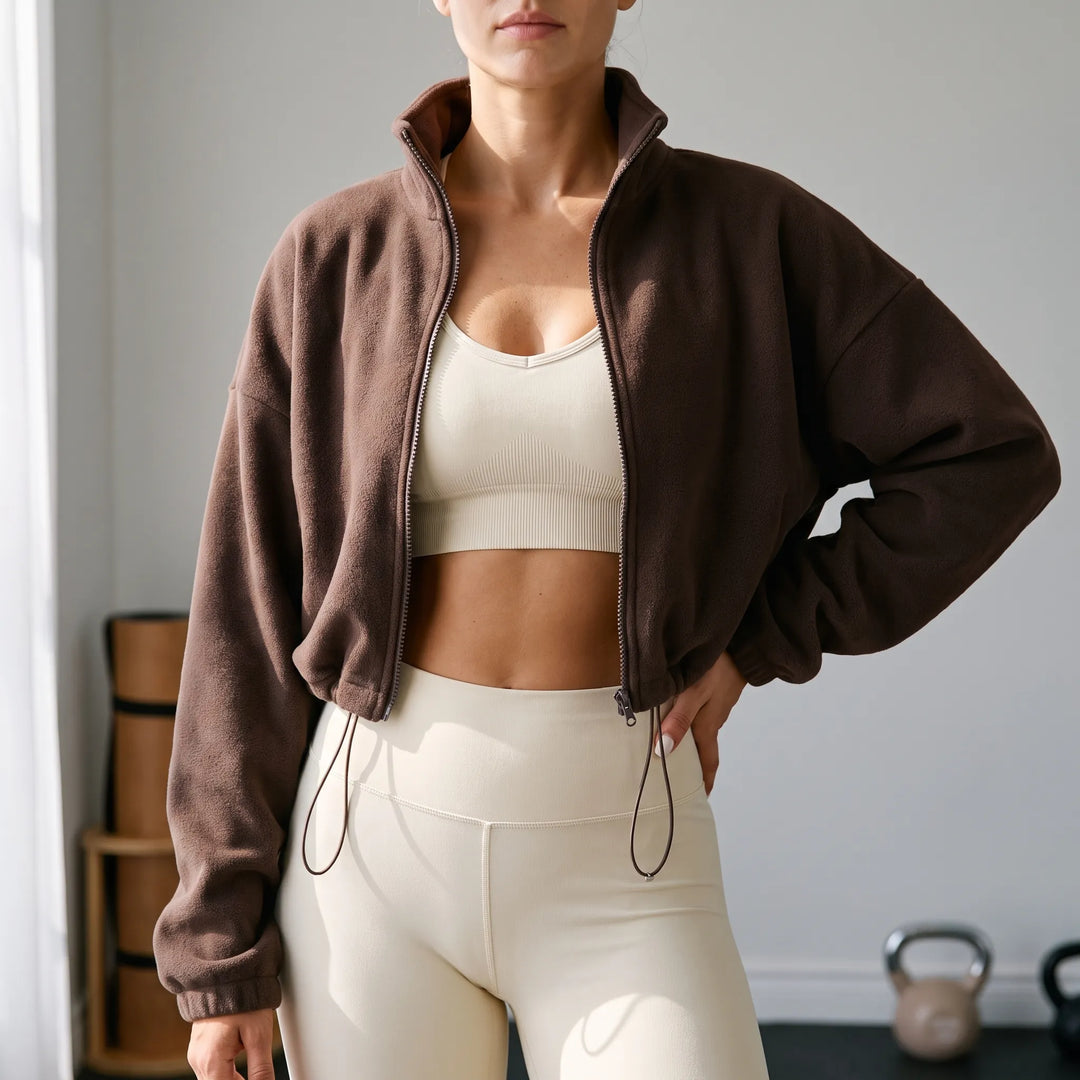 Fleece jas dames | Cropped model met hoge kraag en trekkoord