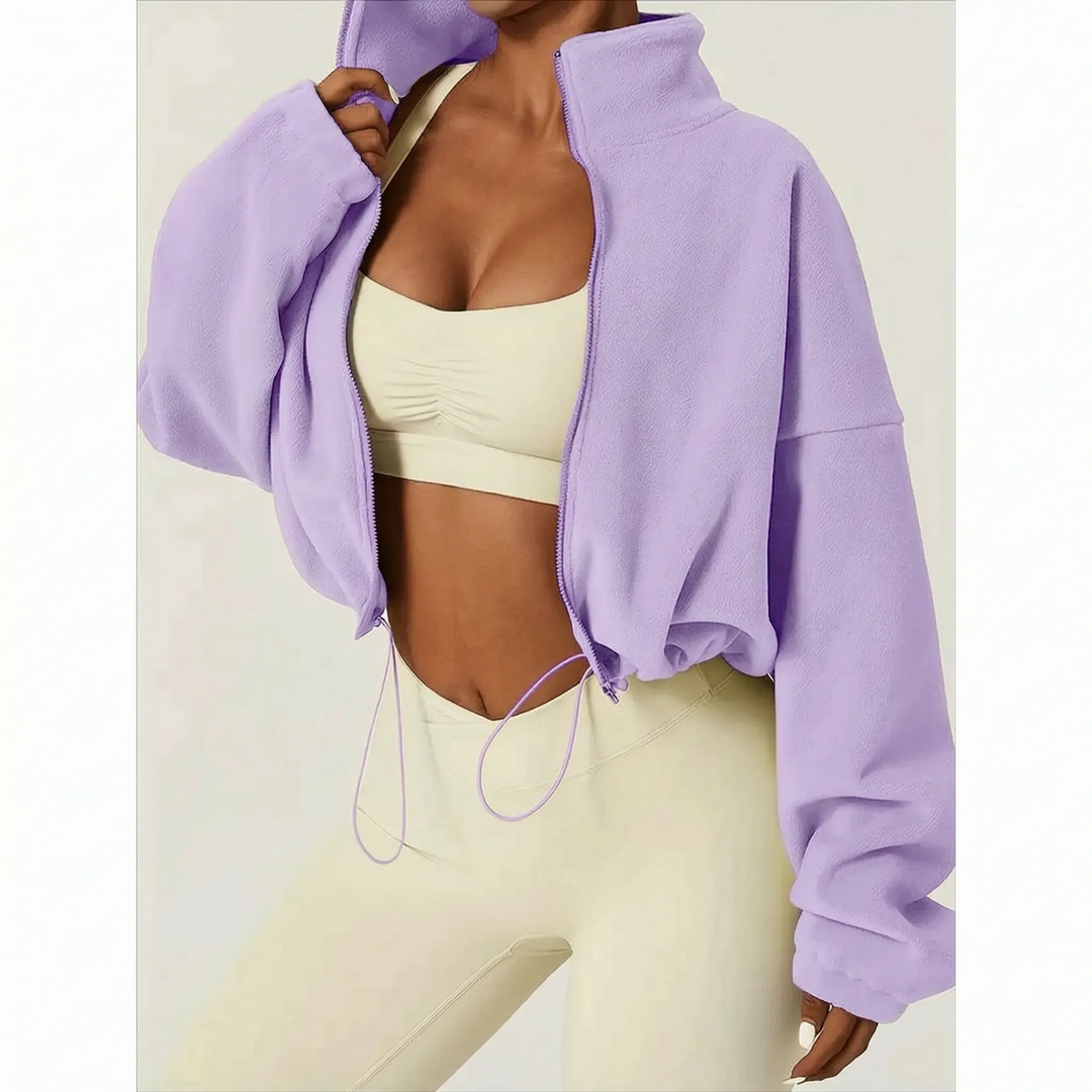 Fleece jas dames | Cropped model met hoge kraag en trekkoord
