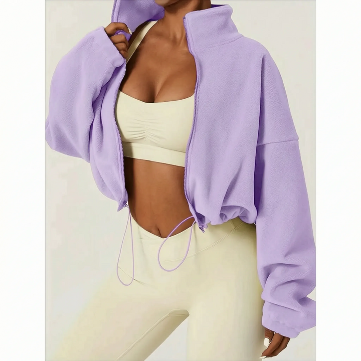 Fleece jas dames | Cropped model met hoge kraag en trekkoord
