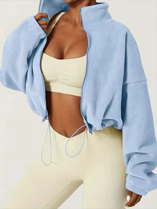 Fleece jas dames | Cropped model met hoge kraag en trekkoord