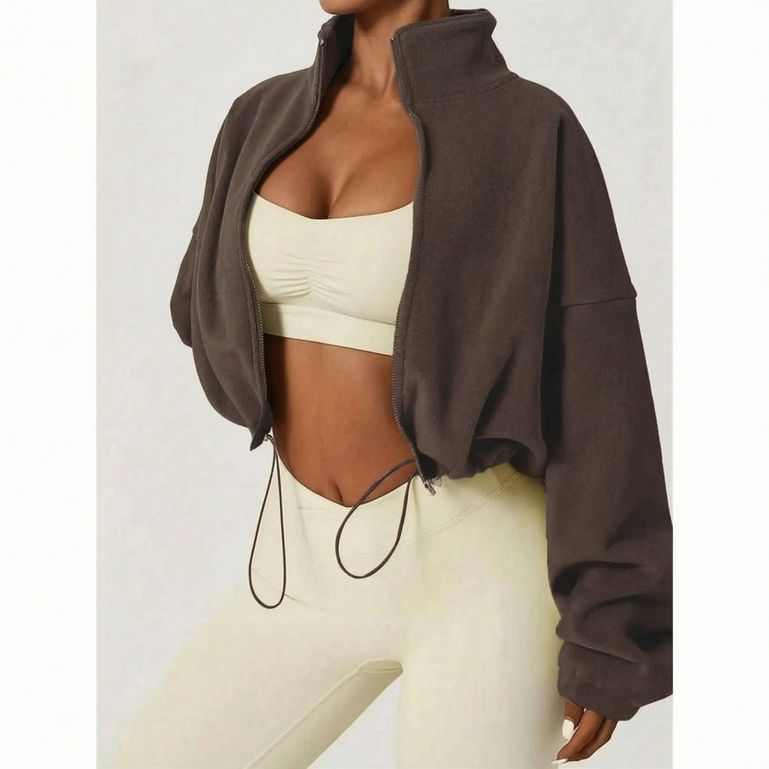 Fleece jas dames | Cropped model met hoge kraag en trekkoord
