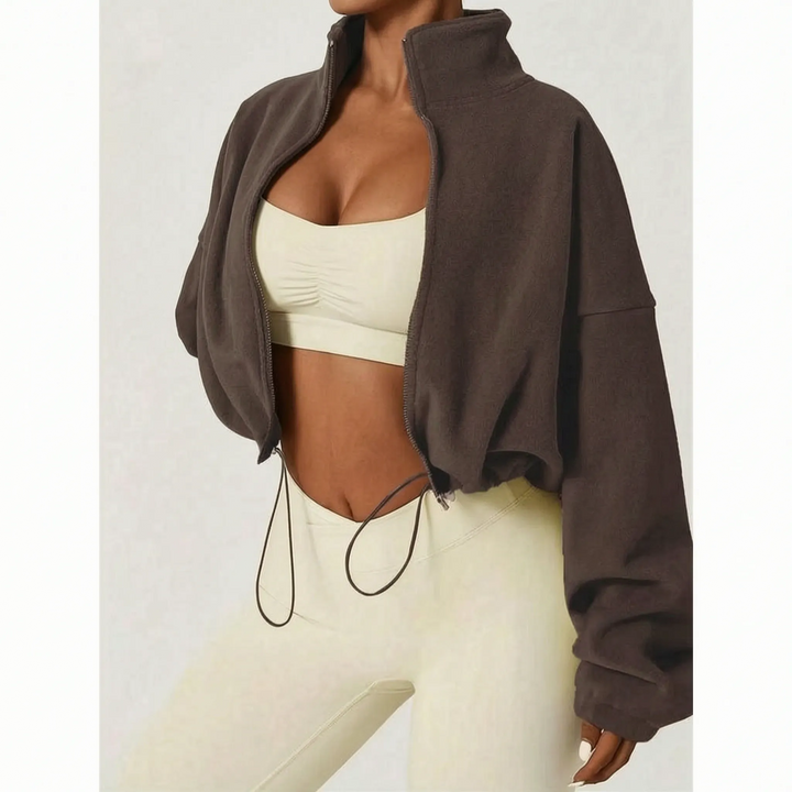 Fleece jas dames | Cropped model met hoge kraag en trekkoord