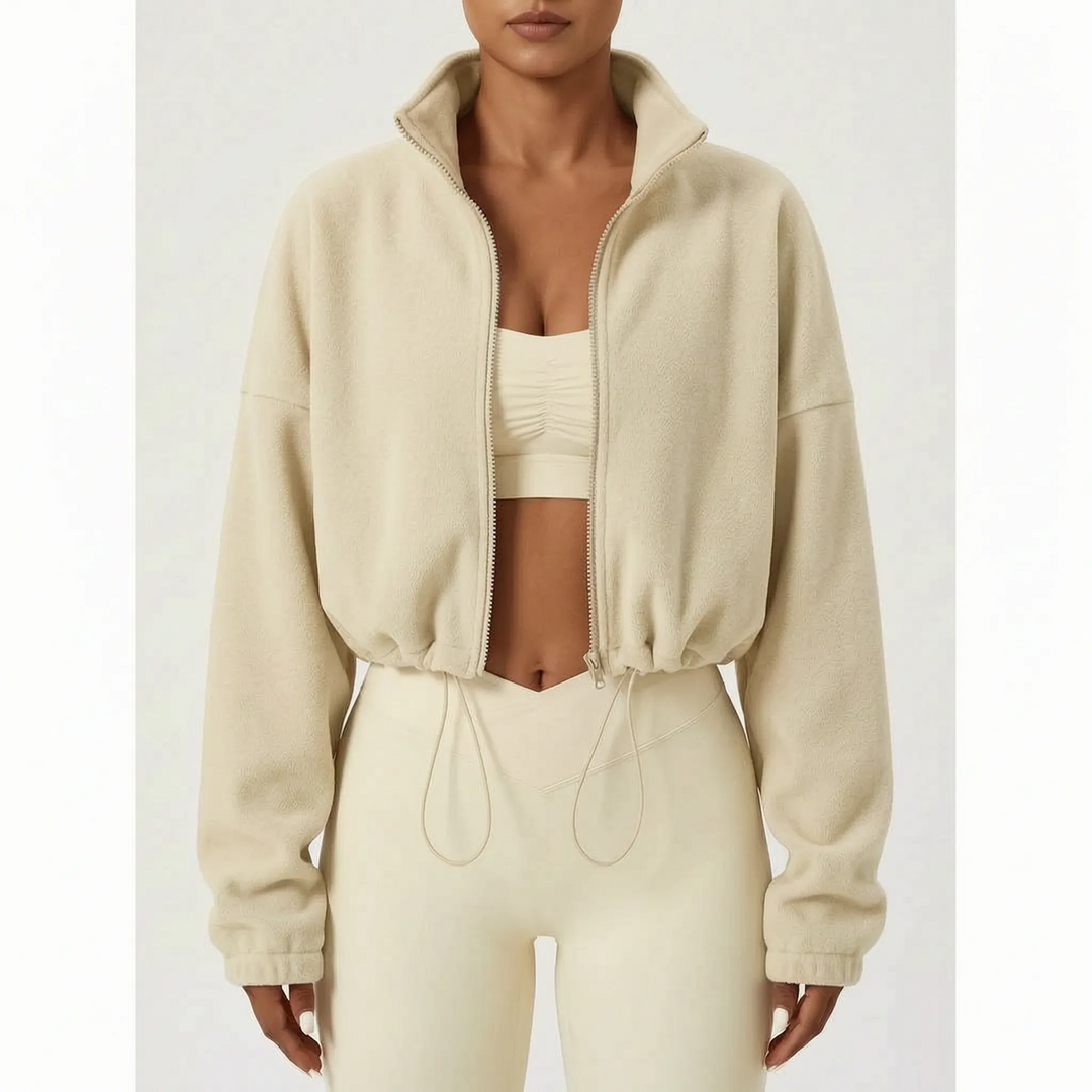 Fleece jas dames | Cropped model met hoge kraag en trekkoord