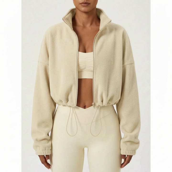 Fleece jas dames | Cropped model met hoge kraag en trekkoord