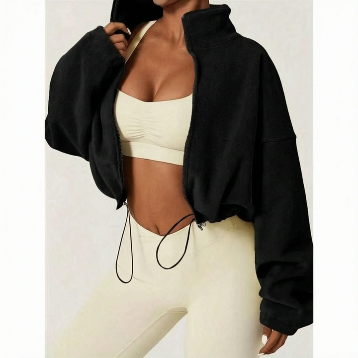 Fleece jas dames | Cropped model met hoge kraag en trekkoord
