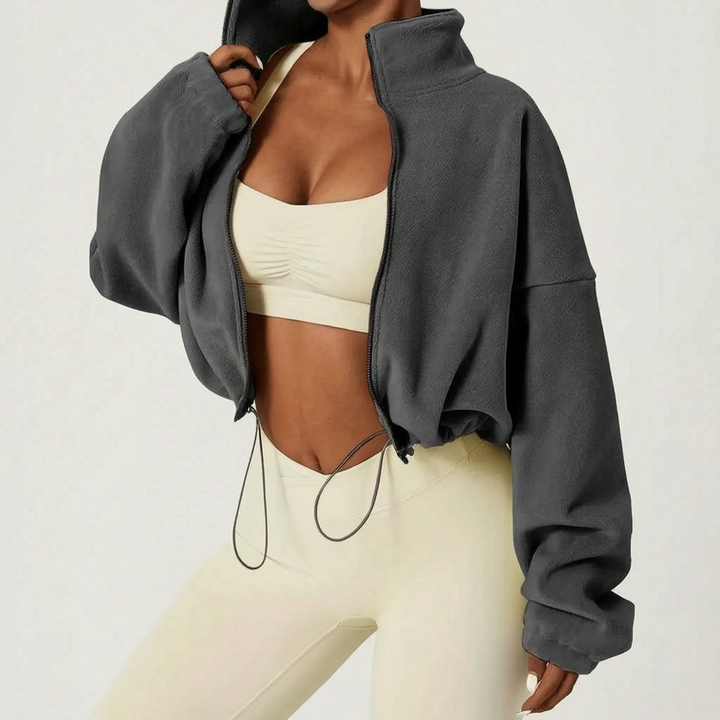 Fleece jas dames | Cropped model met hoge kraag en trekkoord